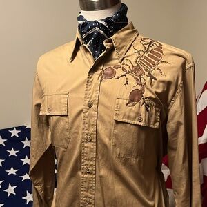 Ralph Lauren Vintage Tan Leather Embroidered Scorpion Safari Cotton Shirt